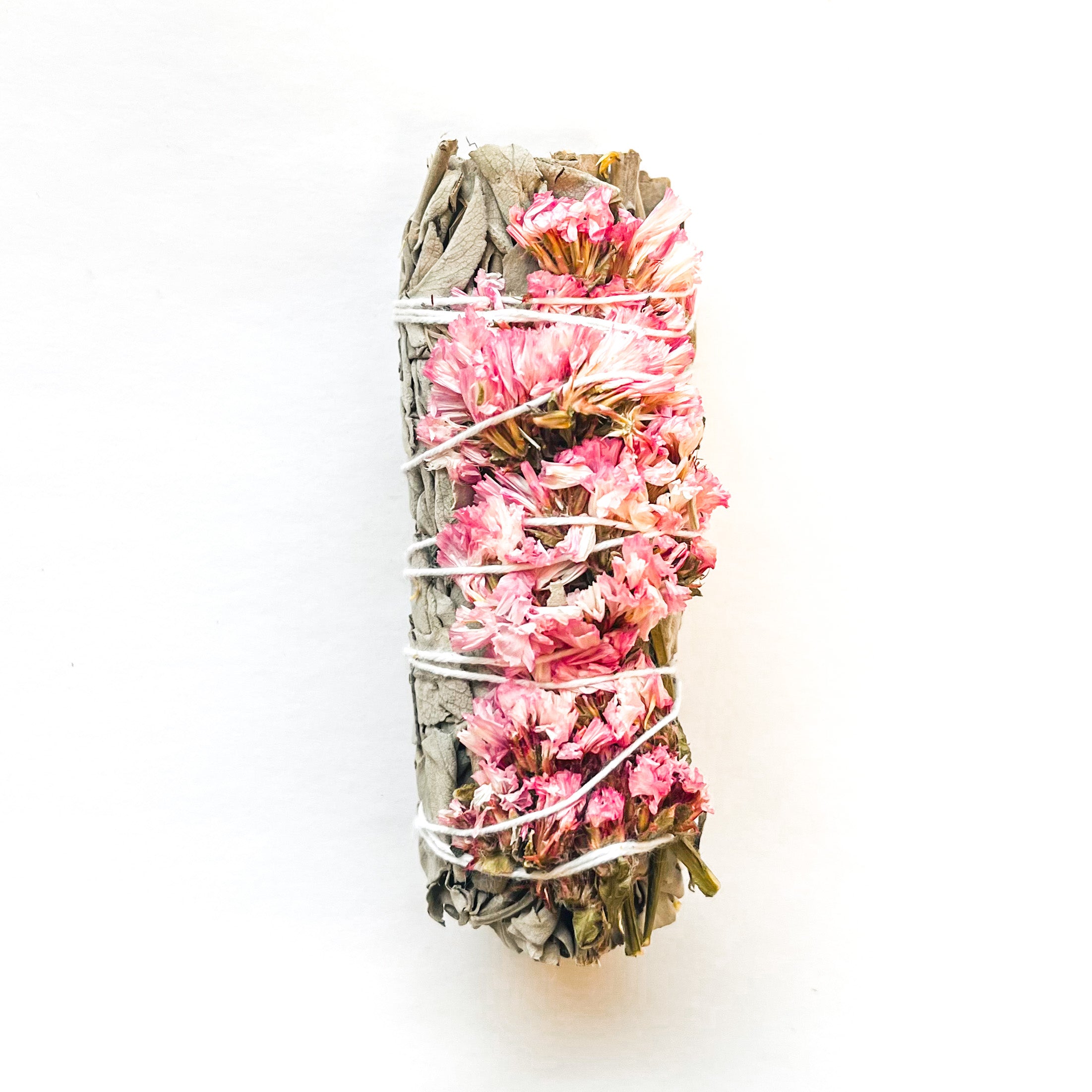 White Sage Smudge Stick with Dried Pink Flowers - For Home S
